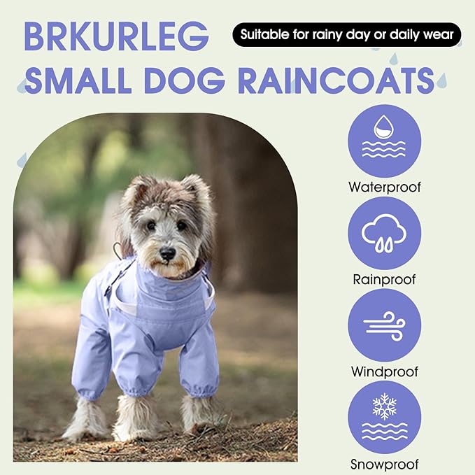 BRKURLEG Dog Raincoat for Small Dogs, Small Dog Rain Jacket with Harness Built in, Waterproof 4 Legs Puppy Raincoats, Puppy Outdoor Jacket with Reflective Strip, Purple, S