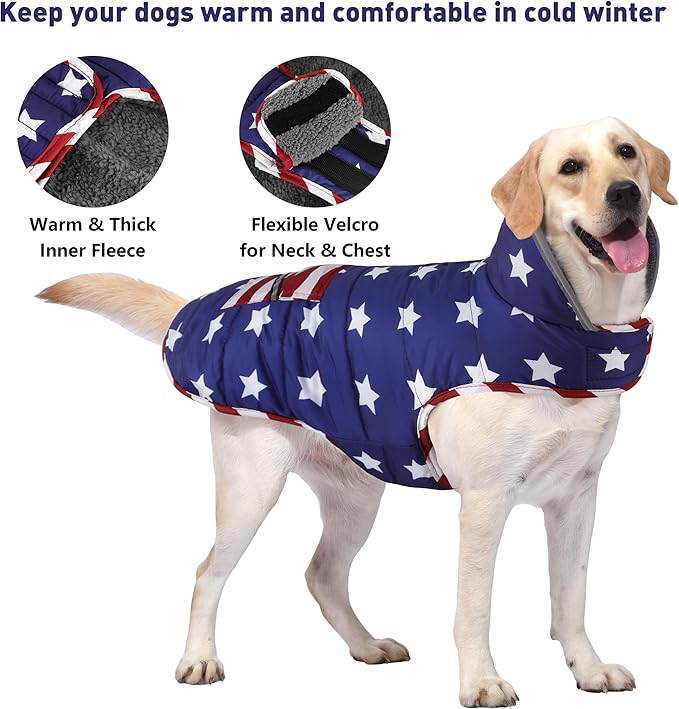 Dog Coat, Waterproof Dog Winter Jacket with Pocket, Reflective Adjustable Pet Snow Vest, Warm Cozy Fleece Sweater for Small Medium Extra Large Dogs - American Flag, XL