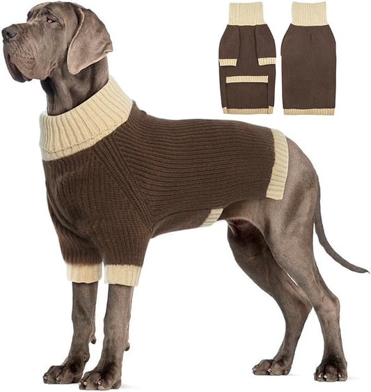 Great Dane Dog Sweater XXXXXL, Warm Stretchy Dog Sweater with Harness Hole, Christmas Sweaters for Extra Large Dogs Boy Girl, Winter Turtleneck Pet Clothes Holiday Outfit, Brown 5XL
