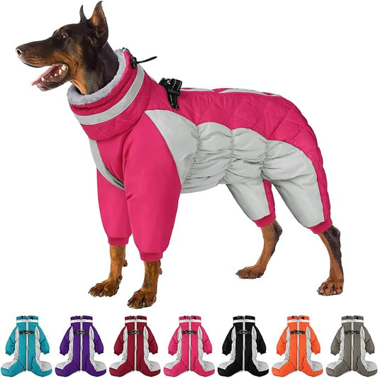 SUNFURA Full Body Dog Coat - Warm Fleece Jacket for Large Dogs, Turtleneck Winter Coats with Harness, Reflective Dog Snowsuit Windproof Puffer Jackets with Legs for Weimaraner, Hot Pink XL