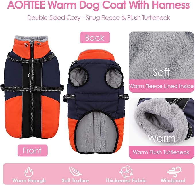 AOFITEE Dog Coat for Large Dogs, XXXL Dog Winter Jacket with Harness Built in, Turtleneck Cold Weather Coat for Extra Large Dogs, Reflective Pet Fleece Jacket with Zipper for Great Dane, Blue 3XL