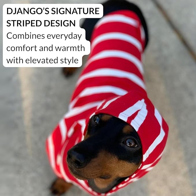 DJANGO Dog Hoodie – Warm, Lightweight, Soft & Stretchy Dog Sweater with Hood, Harness Hole & Elastic Waistband – Cozy Sweatshirt for Small Dogs up to 25 lbs, Dachshunds & Puppies – Crimson Red, Small