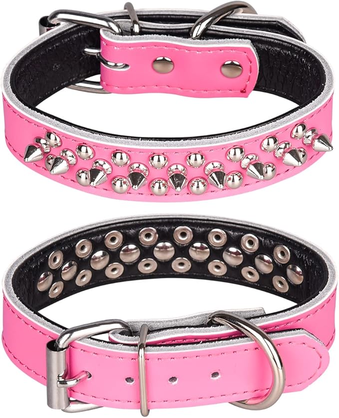 Adjustable Genuine Leather Spiked Studded Dog Collars for Small Medium Large Pets Like Pit Bull Bulldog Pugs Husky (M, Hot Pink)