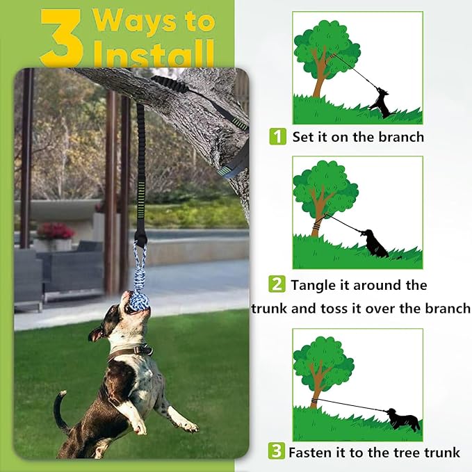 Outdoor Bungee Tug Solo Hanging Toy, Tree Tugger Dog Pull Rope Tug a War for Pitbull Medium Large Aggressive Chewers, Interactive Dog Tether Toy for Yard, 2 Rope Toys
