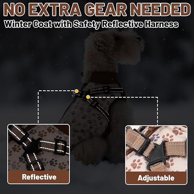 Dog Winter Coat for Small & Medium Dogs (Up to 32lb), Waterproof Dog Coat with Harness, Puppies Windproof Puppy Puffer Jacket, Snowsuit for Dachshund,Frenchie, Corgi (Paw Brown, XLarge)