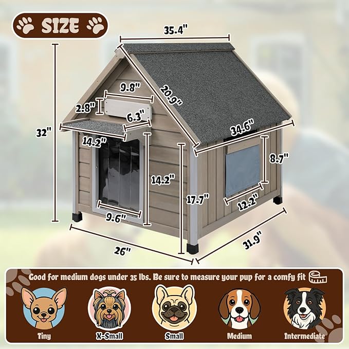 Dog House Outdoor Weatherproof,Wooden DogHouses for Medium Small Dogs, Indoor & Outdoor with Anti-Chewing Iron Frame, Ventilated Window, Easy Assemble, 26" L x 32" W x32 H