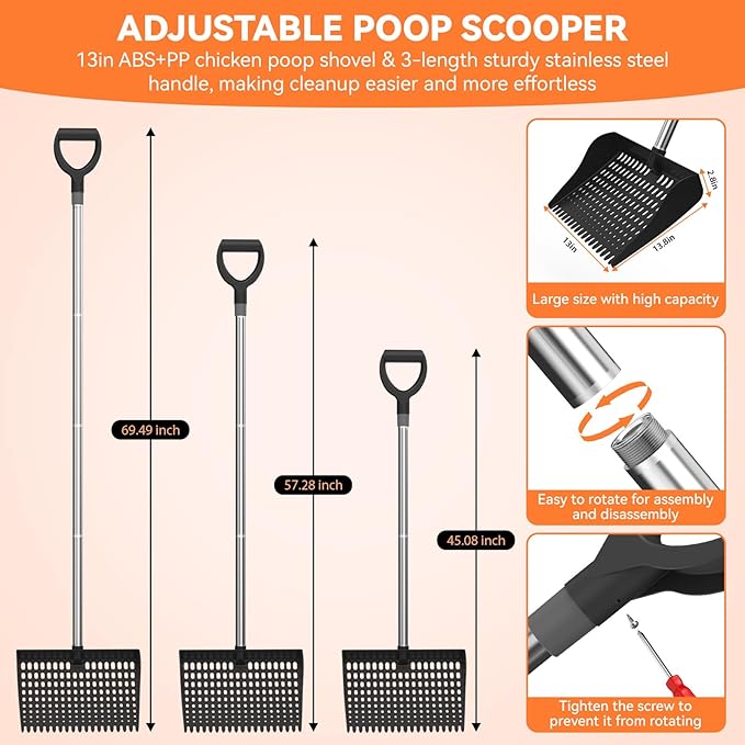 Chicken Poop Scooper & Rake 2-in-1, Pooper Scooper with 13in Wider PP Head & Adjustable Stainless Steel Handle, 33''-69'' Sand Sifting Shovel Litter Scooper for Chicken Coop/Small Farm Animals, Black