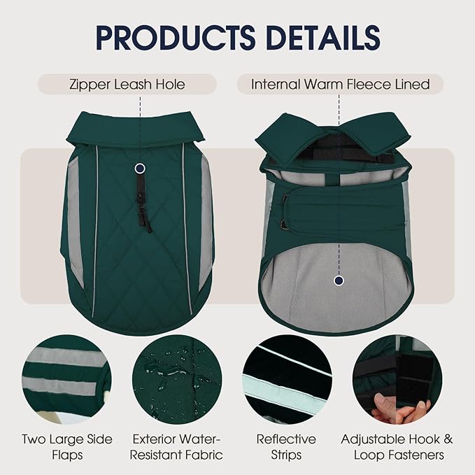 IECOii 5XL Waterproof Dog Jacket - Thermal Fleece Lining & Reflective Coats for Cold Weather, Adjustable Great Dane Winter Coat for Camping, Hiking, Green, Sizes XXXXXL