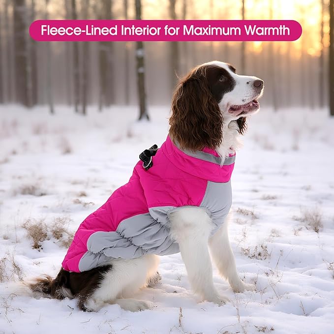 FUAMEY Dog Coat, X-Large, Pink, Faux Fur, Turtle Neck, Zipper, Water Resistant, Reflective, Windproof, Fitted for Large Breeds