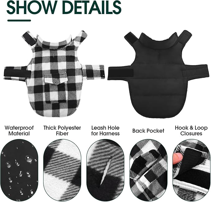 Kuoser Dog Winter Coat, Windproof Dog Fleece Jacket British Style Plaid Cold Weather Doggie Vest Coats, Reversible Cozy Warm Puppy Clothes Pet Apparel for Small Dogs S