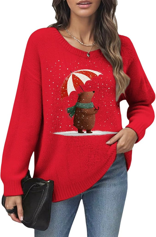 Women's Red Christmas Sweater - Festive Cartoon Patterns, Cozy Knit for Holiday Parties & Gatherings