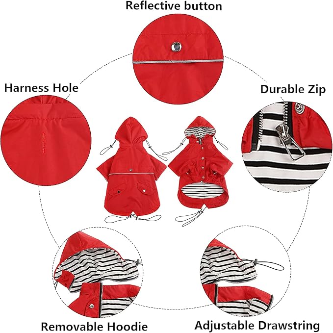 Dog Zip Up Raincoat with Reflective, Rain/Water Resistant, Adjustable Drawstring, Removable Hood, Raincoats with Legs 8lbs to 80lbs Available - Red - Large