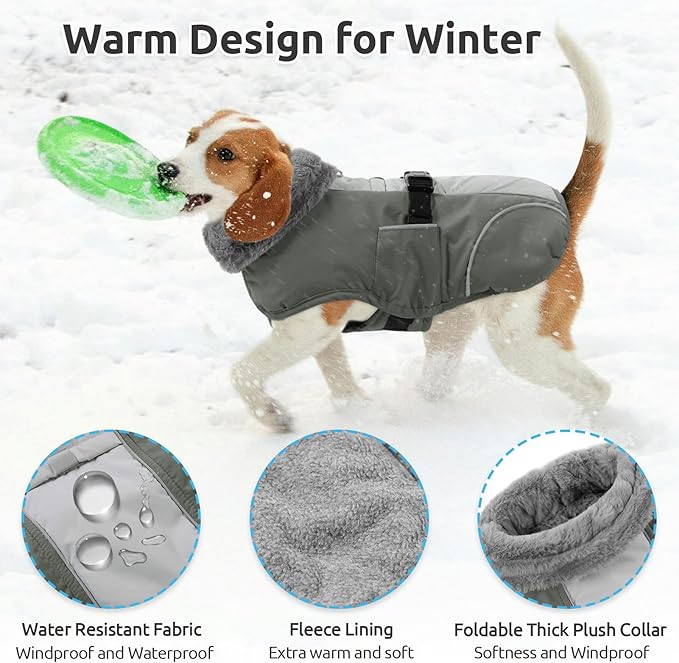 Queenmore Dog Jackets for Large Breeds, Dog Cold Weather Coats Waterproof, Thick Fleece Lining Pet Coats XL Winter, Grey, XL