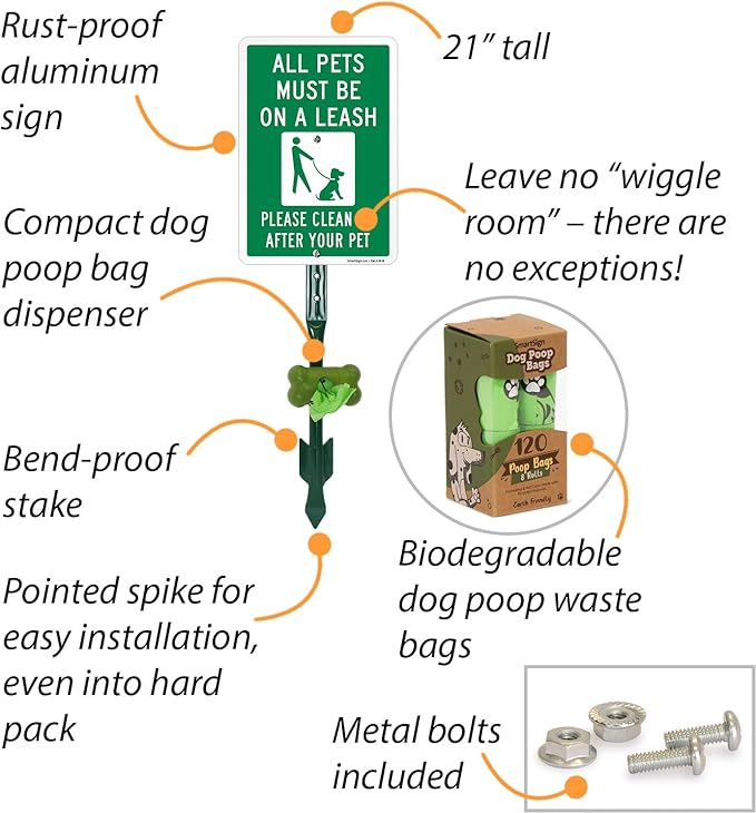 SmartSign All Pets Must Be On A Leash Clean Up After Pet Yard Sign & Clip-On Preloaded Dispenser Combo/Kit with 135 Dog Poop Waste Bags, 7"x10" Rust-proof Aluminum Sign with 18-inch Steel Stake