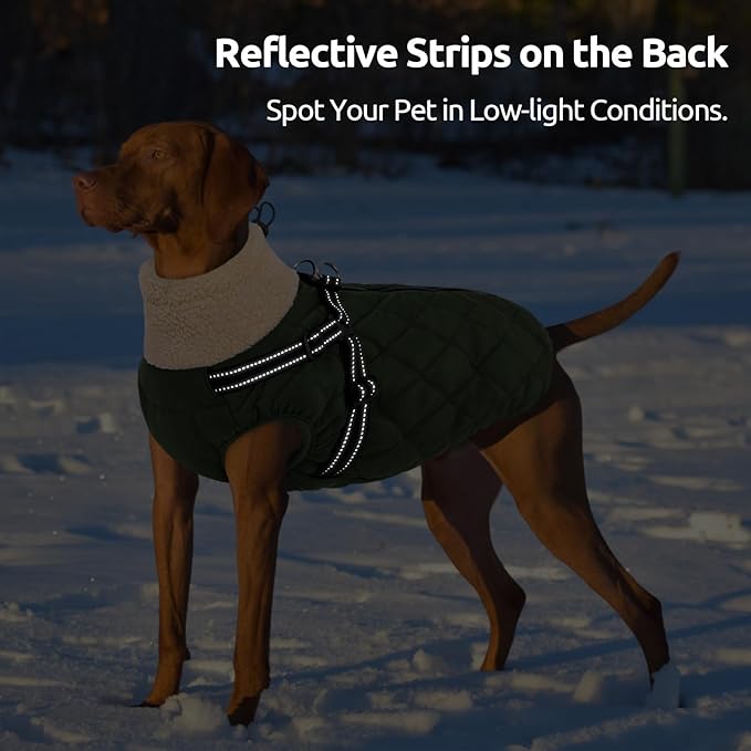 Queenmore Dog Coats for Large Dogs, Dog Jacket, Warm Fleece Winter DogCoat with Harness Built in, Back Zipper Pet Jacket for Large Breeds, Thick Fleece Lining Pet Snowsuit, ArmyGreen 2XL