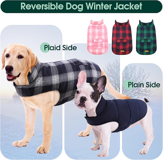 Kuoser Reversible Dog Jacket, Warm Winter Coat for Large Dogs, Warm Windproof Pet Cold Weather Clothes, Blue XXL