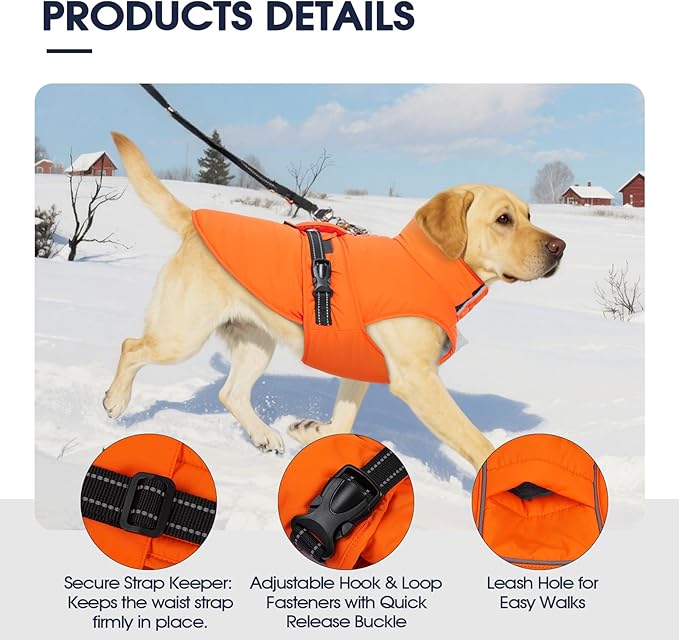 IECOii Waterproof Dog Jacket - Reflective, Adjustable & Windproof & Fleece Lined, Waterproof Snow Coat Quick Release Buckles for Bulldog, Pitbull Running, Orange, Size XL