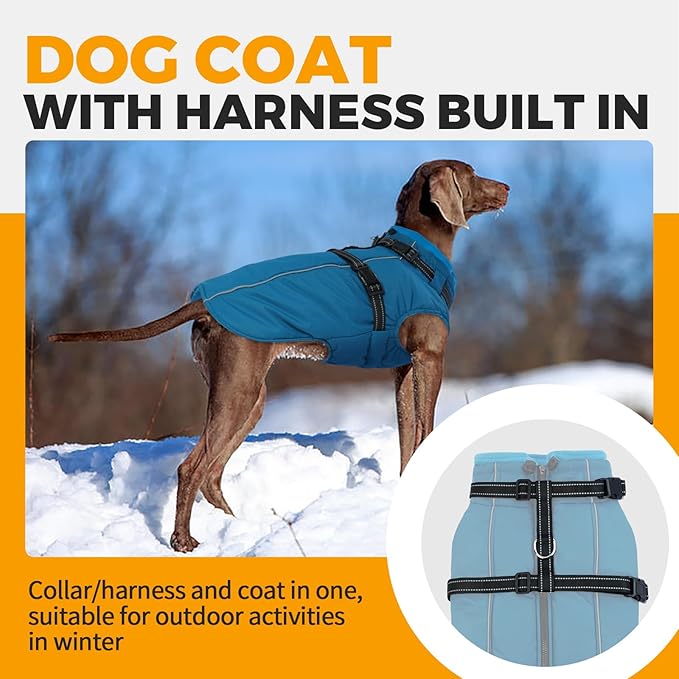 Lelepet Dog Coat with Harness Built in, Waterproof Dog Jacket for Large Dogs Reflective Windproof Winter Jacket with Zip Warm Cold Weather Coats for Dogs,Cozy Pet Snowsuit, Great Dane, Blue, XXXL