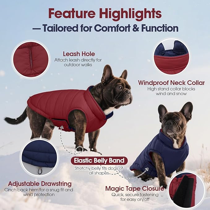 QBLEEV Reversible Dog Coat for Medium Dogs, Waterproof Windproof Winter Jacket Keeps Dogs Warm in Snow, Adjustable Hook & Loop Lightweight Dog Puffer Vest, Wine Red, L – Fits French Bulldog