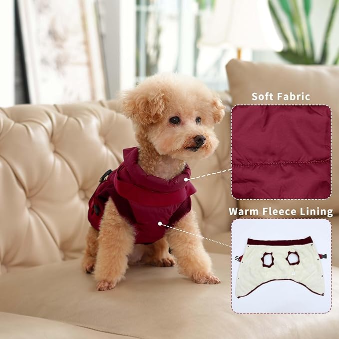 Dog Jacket with Harness,Fleece Lined Warm Puppy Coat for Winter,Soft Windproof Small Dog Vest,Red XS