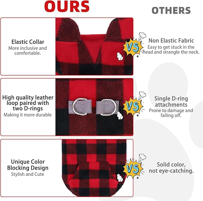 KOOLTAIL Dog Fleece Vest Sweater, Warm Puppy Christmas Jacket with Dual Leash D-Ring and Pocket for Small Medium Large Dogs, Soft Pet Winter Cold Weather Coats Fall Clothes Hoodie Boy Girl,Red Plaid L