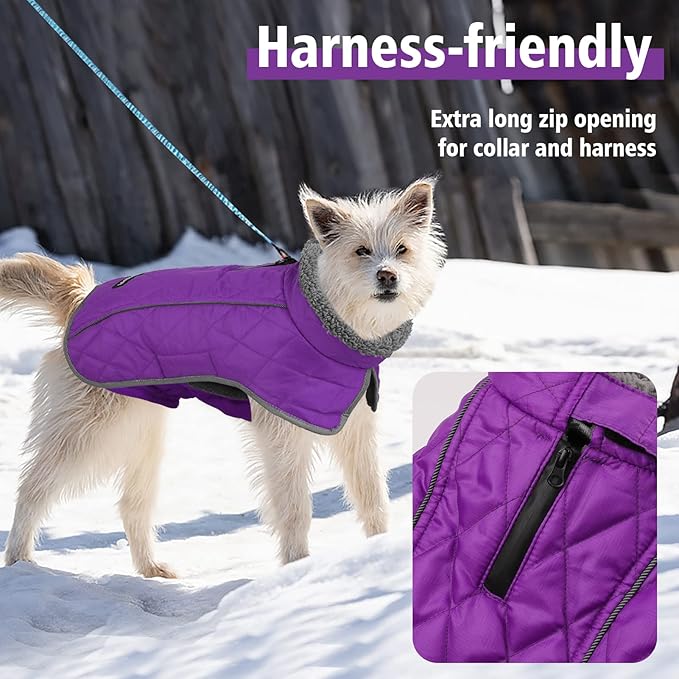 Fragralley Dog Coat Large, Waterproof Dog Jacket with Warm Fleece Lining, Adjustable Reflective Dogs Winter Coat, Turtleneck Pet Coats for Cold Weather (Purple L)