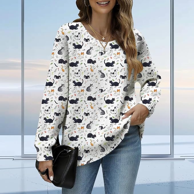 Women's Cat Printed Sweater Oversized Cable Knit Long Sleeve Christmas Clothes Casual Autumn Winter Fashion Tops