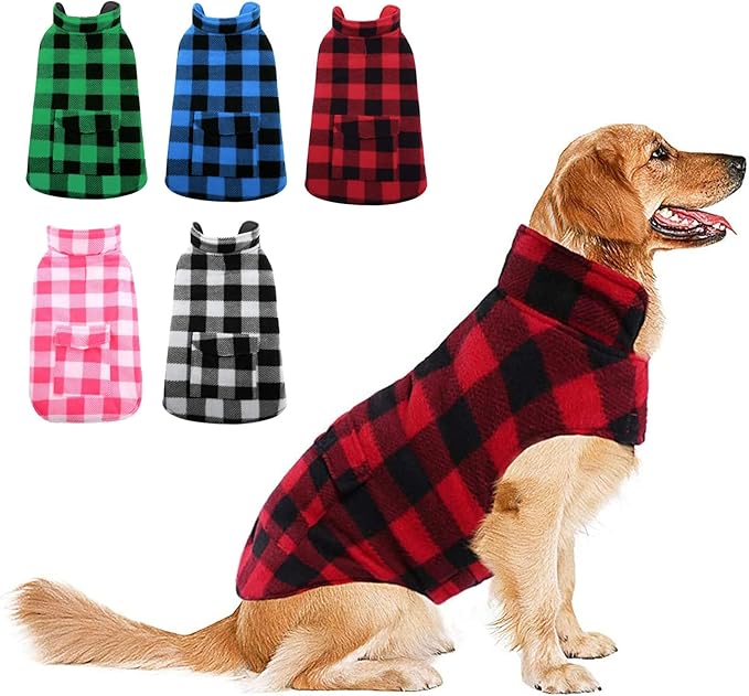 ASENKU Dog Winter Coat, Fleece Doggie Jacket Plaid Reversible Vest Waterproof Windproof Cold Weather Clothes for Small Medium Large Dogs(L,Red)