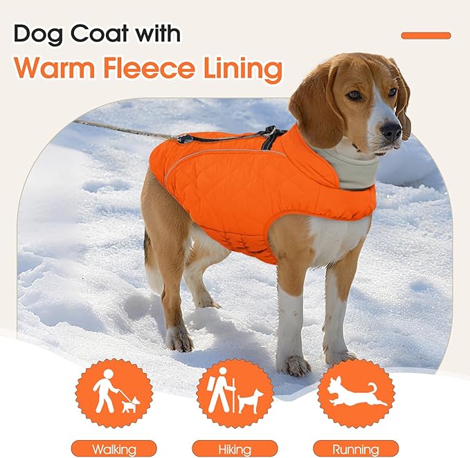 Dog Coat with Harness Built in -Orange,XL- Fleece Lined Dog Snow Jacket Snowsuit，Adjustable Reflective Winter Warm Cold Weather Coat