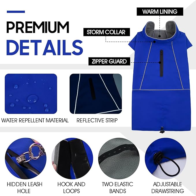 ROZKITCH Great Dane Clothes, Waterproof Dog Rain Jacket with Fleece Liner and Leash Hole Reflective Strip for Extra Large Dog, Windproof Adjustable Poncho Vest for Outdoor Hiking Travel Blue 3XL