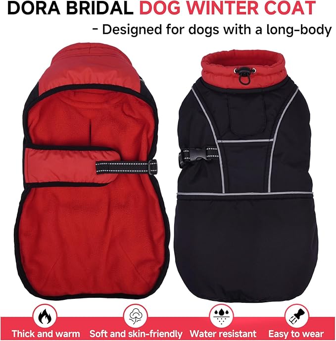 DORA BRIDAL Dachshund Coat, Fleece Lined Dog Winter Coat, Warm Dog Coats with Reflective Strips, Adjustable Waterproof Pet Jacket Clothes, S