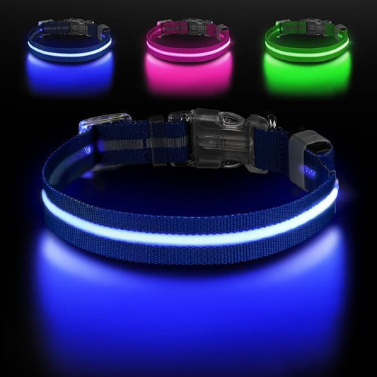 Light Up Dog Collar, Adjustable USB Rechargeable Glow in Dark Dog Collar ，Waterproof Dog Collars for Large Dogs (Blue, Large)