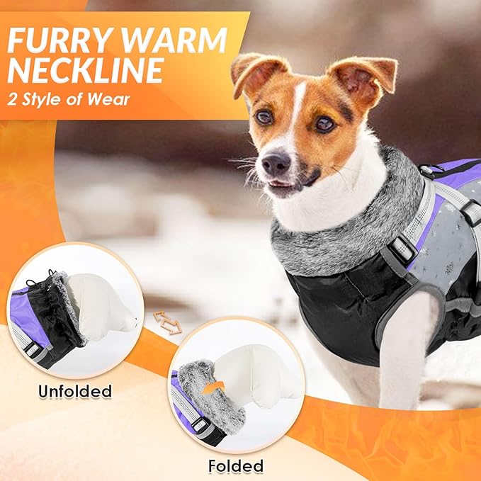SlowTon Dog Jacket with Harness Built in - Waterproof Fleece Winter Warm Dog Coats for Small Medium Dogs, Reflective Adjustable Furry Puppy Vest Clothes for Outdoor Walking (Purple & Grey, XL)