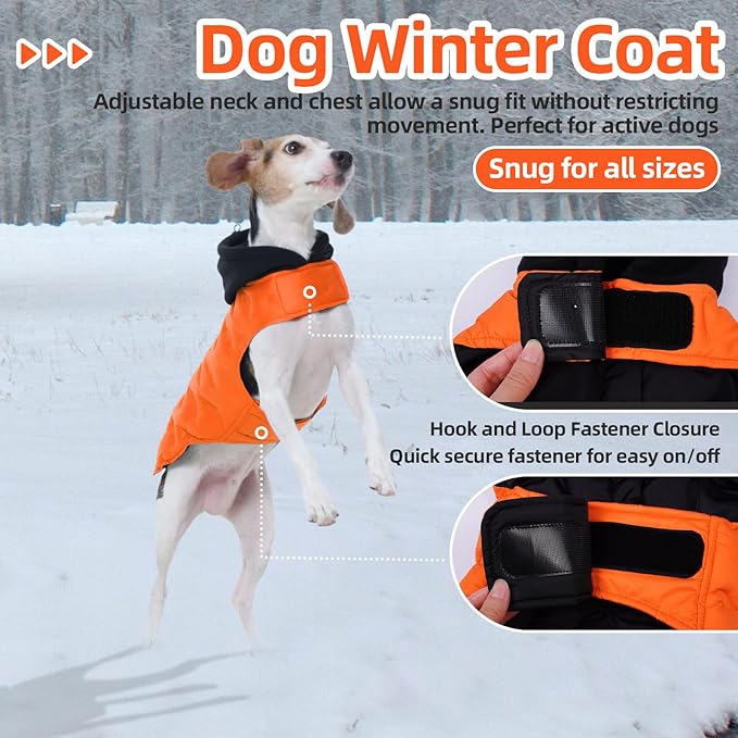 Nanaki Warm Dog Puffer Coat for Large Dogs-Lightweight Windproof Dog Coat with Hood, Water Resistant Pet Snowsuit for Cold Weather, Reflective Snowsuit, Adjustable Puffer Vest with Leash Hole, Orange
