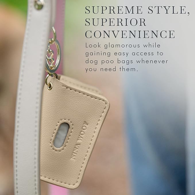 Nina Woof Leather Poop Bag Holder- Versatile Vegan Leather Waste Bag Holder for Dog Poop, Accessories, & Leash, Reusable Pet Waste, Trash, Pet Diaper & Poop Bags Small Pouch Holder (Beige)