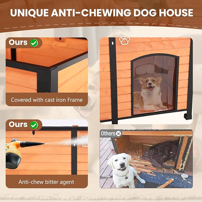 Outdoor Dog House, 55” Extra Large Wooden Dog House with Anti Bite Iron Frame Weatherproof Finish Outside Paw Print Dog House for Large and Medium Dogs (Brown, 55" Dog House)