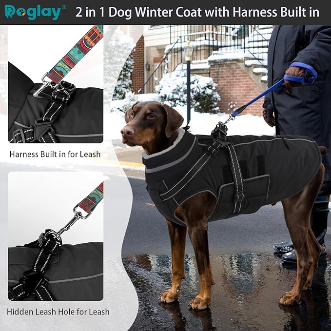 Doglay 2 in 1 Dog Coat with Harness Built-in, Waterproof Dog Winter Jacket with Pocket & Poop Bags, Reflective Adjustable Pet Winter Coat for Small, Medium, Large Dogs