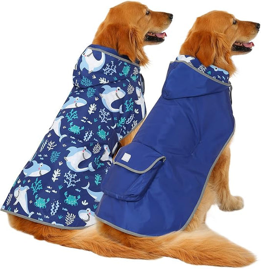 HDE Reversible Dog Raincoat Hooded Slicker Poncho Rain Coat Jacket for Small Medium Large Dogs Sharks - 3XL