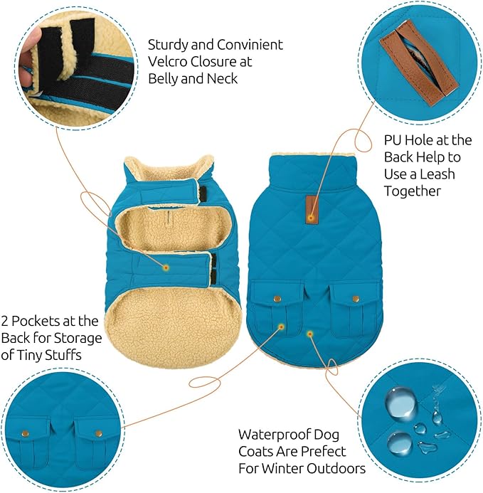 Queenmore Dog Winter Coat Warm Puffer Jacket Waterproof Plush Lining Thermal Cold Weather Vest for Small Medium Large Dogs, Windproof Easy On Pet Jacket Blue L