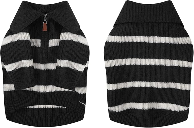 Small Dog Sweater with Zipper, Knitted Striped Pullover Dog Clothes for Cold Weather, Thick Warm Cozy Stretchy Sweater for Chihuahua, Bulldog, Dachshund, Pug(Black & White Strip, S)