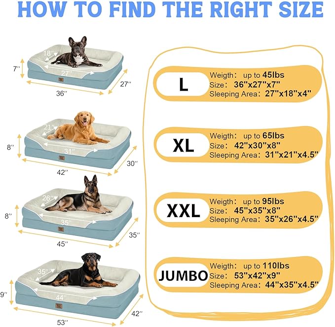 Washable Orthopedic Large Dog Bed - Removable Orthopedic Foam Dog Beds with Bolsters Waterproof Large Dogs Bed and Non-Slip Bottom Extra Large Dogs Beds Sofa
