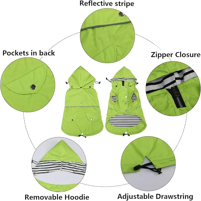 Dog Raincoat Waterproof Raincoats Dog rain Jacket Buttons Zipper Hood Drawstring Suitable for Small Medium Yorkie Terrier Schnauzer Poodle Border Collie Labrador 8lbs to 80lbs Green M