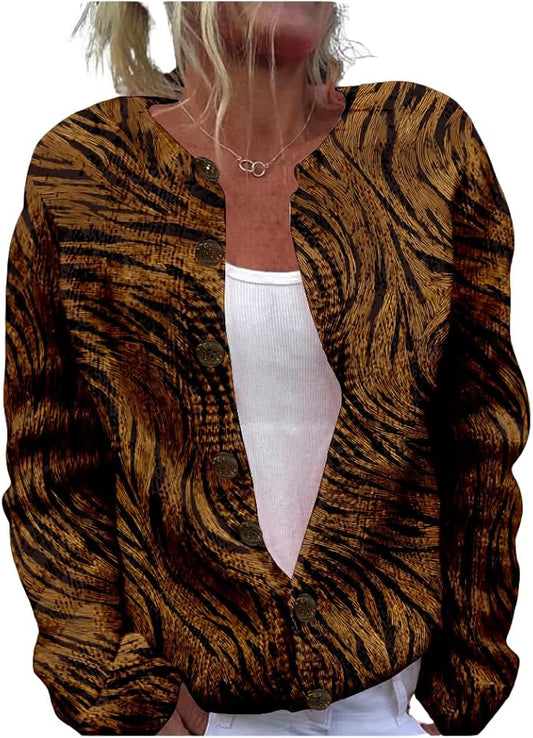 HOTYD Aztec Print Cardigans Sweaters for Women Crewneck Graphic Button Cardigan Casual Chunky Knit Sweater Fall Outfits