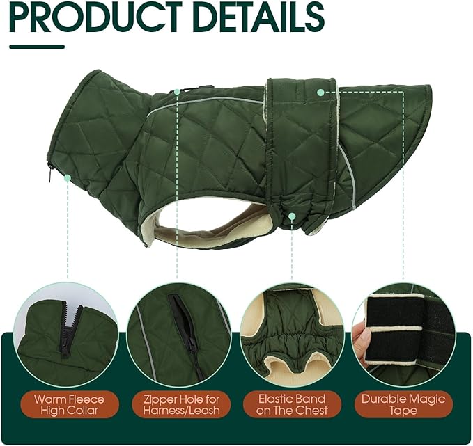 Kuoser Extra Warm Dog Jacket for Medium Dogs, Fleece Lined Dog Turtleneck Snow Suits, Windproof & Reflective Pet Winter Coat Cold Weater Clothes for Dogs, Green M