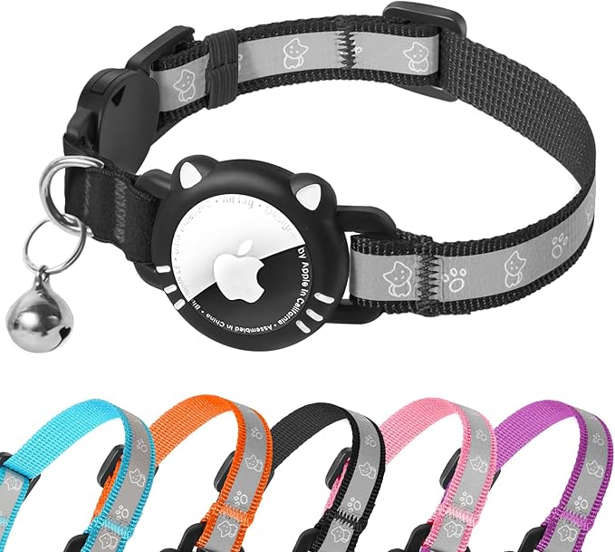Airtag Cat Collar, Reflective Cat Collar with Apple Air Tag Holder, Breakaway GPS Tracker Pet Collar with Bell for Cat Kitten, Airtag Not Included, Black, XS(7-9 Inch)