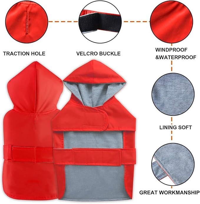 Dog Raincoat Small Dog Rain Jacket Poncho Waterproof Pet Rain Suit Double Layer Breathable Lining Hooded Leash Hole Adjustable Puppy Small Medium Dogs,Red,S