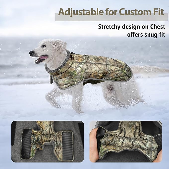 Fragralley Dog Coat Medium, Waterproof Dog Jacket with Warm Fleece Lining, Adjustable Reflective Dogs Winter Coat, Turtleneck Pet Coats for Cold Weather (Reed Camouflage M)