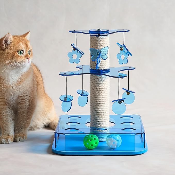 Modern 3-in-1 Interactive Cat Toy with Scratching Post, Cat Puzzle Toys for Indoor Cats with Colorful Jingle Balls, 2-Layer Spinning Teaser Disc with Dangling Toys, Acrylic, Blue