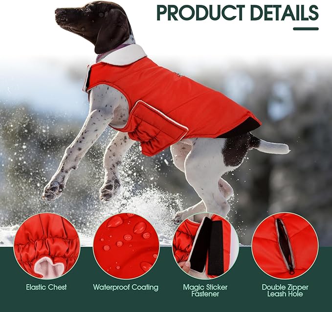 Kuoser Dog Coat Large, Cold Weather Reflective Waterproof Dogs Jacket with Warm Fleece Lining, Turtleneck Dog Winter Coat with Zipper, Doggy Snow Jacket Pet Coats for Small Medium Large Dogs, Red 2XL