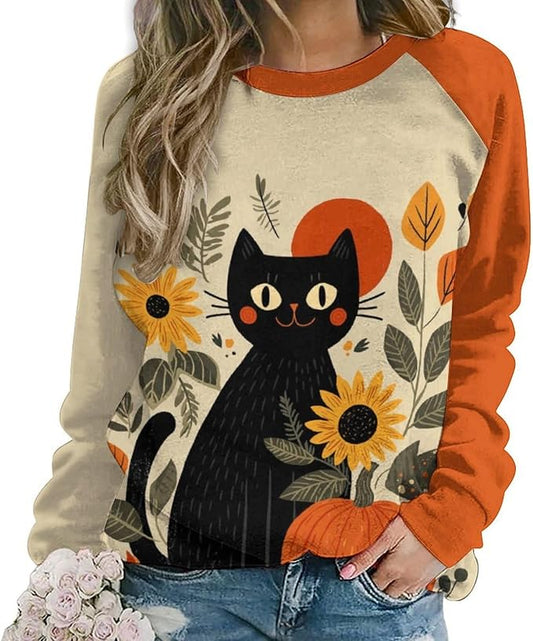 Abstract Cute Cat Shirts for Women Long Sleeve Lady Crewneck Pullover Sweatshirt Fall Winter Oversized Tops